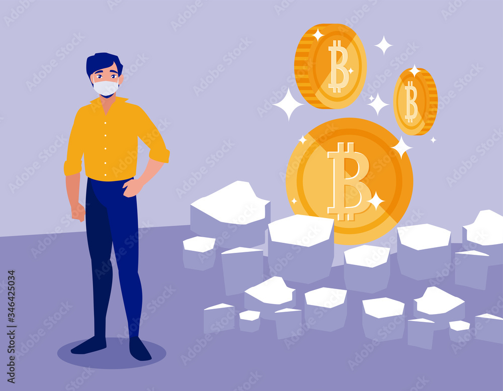 Poster man with mask and bitcoins vector design