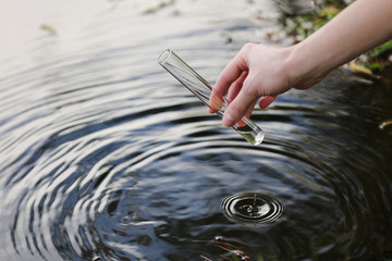 Water sample. Hand collects water to explore. Concept - water purity analysis, environment,...