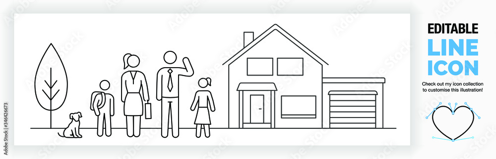 Wall mural editable line illustration of a stick figure family in front of their house, part of a huge set of l