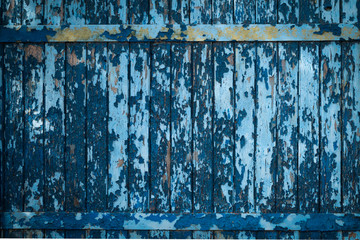 Old blue wooden gate fragment texture background