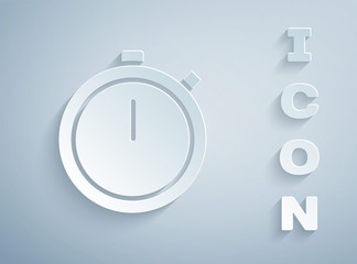 Paper cut Stopwatch icon isolated on grey background. Time timer sign. Chronometer sign. Paper art style. Vector Illustration