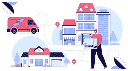 Deliveryman holding cardboard box in medical mask