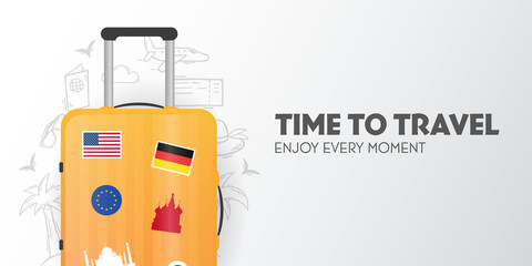 Time to travel banner with travel bag. Vacation. Road trip. Tourism. Journey. Travelling illustration. Modern flat design.