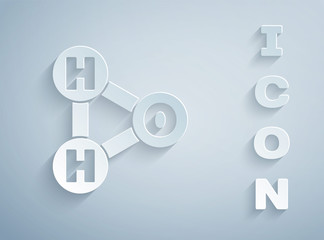 Paper cut Chemical formula for water drops H2O shaped icon isolated on grey background. Paper art style. Vector Illustration