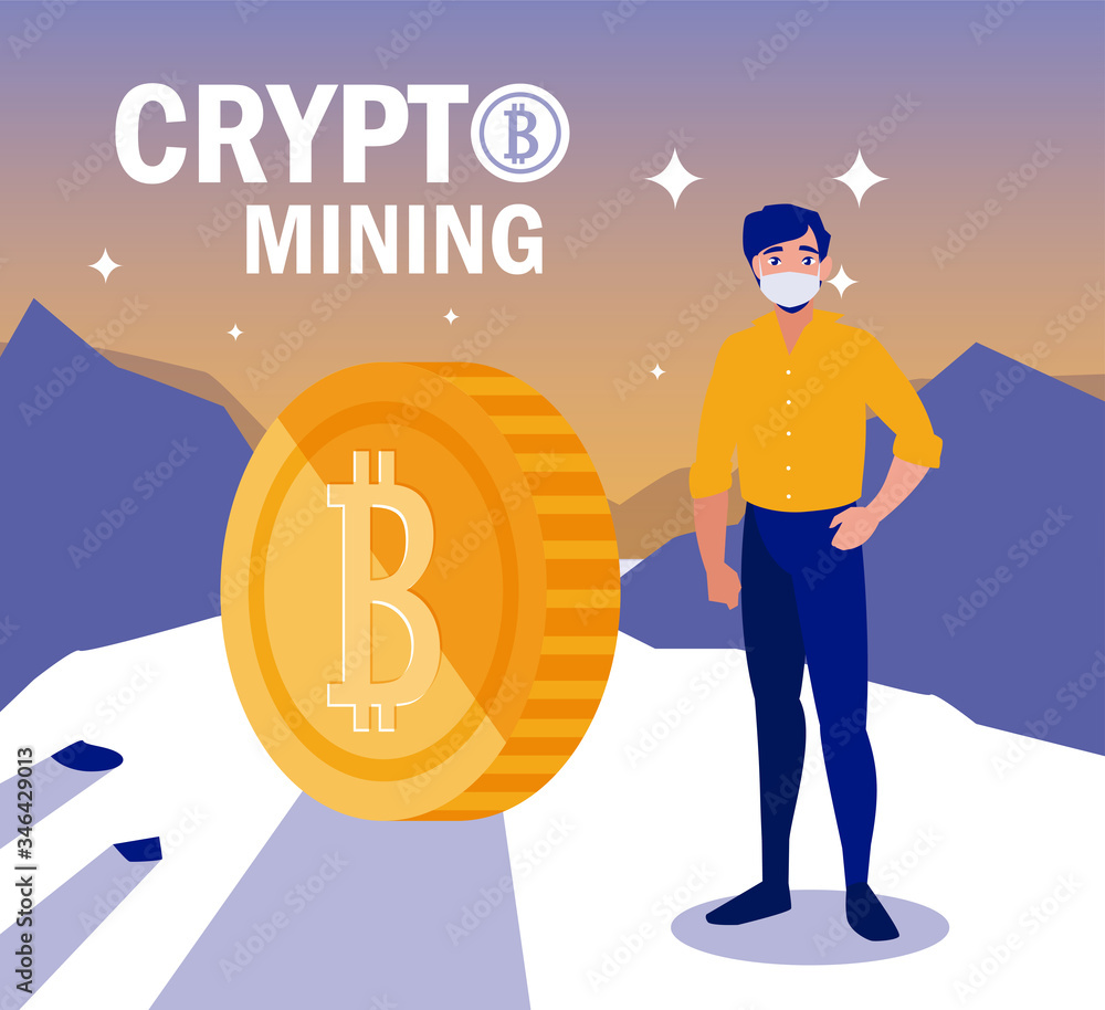 Poster man with mask and bitcoin vector design