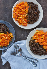 boiled lentils with stewed carrots and tofu vegetarian lunch