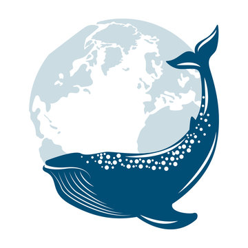 Whale on the background of the planet Earth. Vector illustration, flat style
