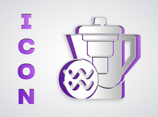 Paper cut Water jug with a filter icon isolated on grey background. Paper art style. Vector Illustration