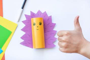 DIY a child makes a cute hedgehog from cardboard and colored paper. Home creativity