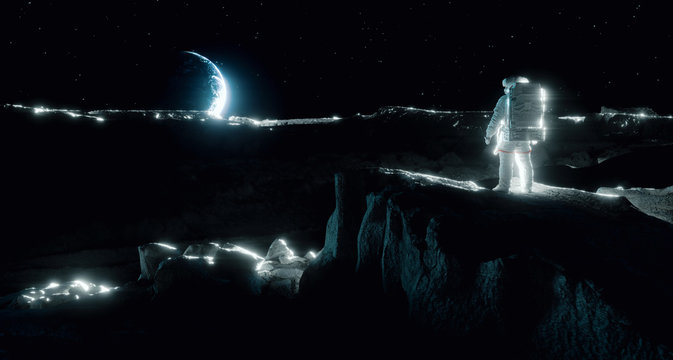A brightly lit astronaut on the moon looks up at the distant Earth on the horizon. Image expressing the exploration of the moon, feelings of loneliness, separation and emptiness. 3d rendering.
