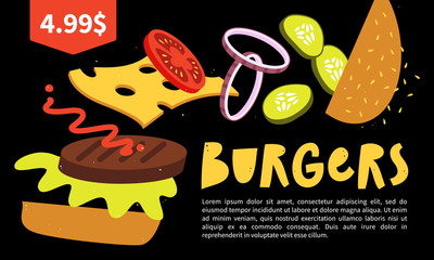 Burger advertising with promo price. Vector illustration for voucher, banner, poster, flyer, cover, menu, brochure.