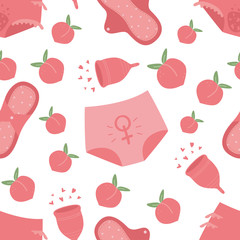 Seamless pattern on menstruation theme. Menstrual cup, reusable cloth pads, pants and peachs. Feminine period hygiene products. Zero waste menstruation period concept. Flat. Vector stock illustration.