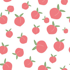 Seamless pattern with cartoon ripe peaches and leaves. Design for packaging paper, textile, fabric, wallpapers. Farm, natural food, fresh fruits, vegan concepts. Flat. Vector stock illustration.