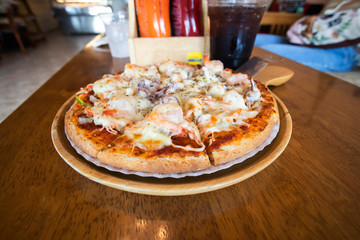 Seafood Pizza On a wooden tray