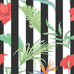 Seamless tropical pattern with flowers, palm leaves and stripes