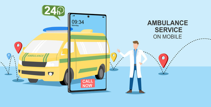 Ambulance service on mobile vector illustration. Doctor stands near ambulance service application on mobile. Healthcare concept. Health insurance service.