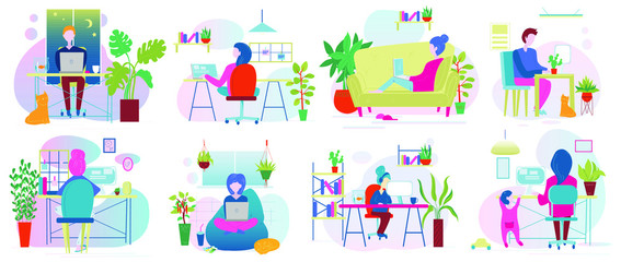 Fototapeta premium Working at home on quarantine, concept illustration. Young people, mаn and womаn freelancers working on laptops and computers at home in quarantine. Vector flat style illustration