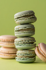 Colorful Macaron, French confectioner cake in different flavors on a green background.