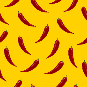 Red chili peppers on a yellow background hand-drawn cartoon seamless vector flat pattern. Food rattern in hand drawn style