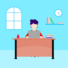 Work at home concept design. Woman working on laptop at her house. Vector illustration isolated on blue background. Online study, education.