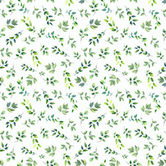 Green gentle leaves, spring summer floral elements seamless pattern
 on a pink background .
 Stock illustration. Hand painted in watercolor.
