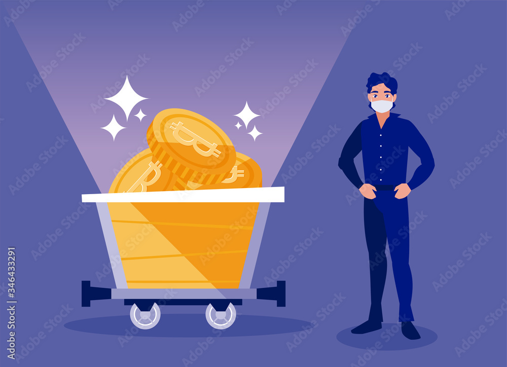 Poster man with mask and bitcoins inside cart vector design