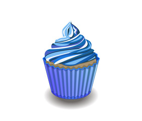 cupcake with blue frosting. isolated vector illustration. cream of rich cream, painted in a bright blue color. food colorants, shades of blue, decoration of fresh pastries.
