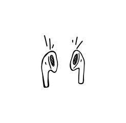 AirPods,Wireless headphones. Accessories for mobile, communication, listening to music, bluetooth.Doodle style. Vector isolated objects on a white background