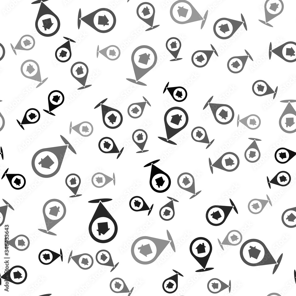 Poster black map pointer with house icon isolated seamless pattern on white background. home location marke