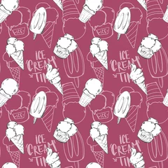 Foto auf Leinwand Cute ice cream in a waffle glass on a white background. Contour sketch seamless border pattern. Print for fabrics, stationery, banners, posters, cards, invitation, wrapping paper. © ka.yansh
