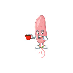 An image cartoon character of vibrio cholerae with a cup of coffee