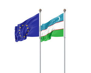 Fototapeta premium Two realistic flags. 3D illustration on white background. European Union vs Uzbekistan.