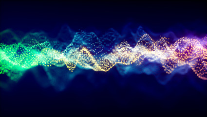 Abstract Particle Surface on Dark Background. Science or Technology Banner. Space Cyber Background. Particles with Depth of Field Effect - 3D rendering.