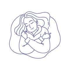 Love yourself. Illustration of a woman hugging herself.