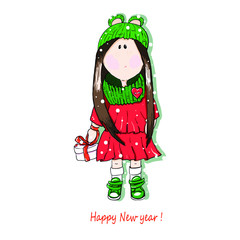 Tilda doll in yellow dress. Hand drawing birthday invitation