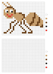 Kids coloring page, pixel coloring cartoon ant. Vector illustration