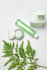 Cosmetic containers with green herbal leaves, blank label package for branding mock-up. Moisturizing cream, liquid soap, tonic, face and body skin care. Natural organic beauty product, top view.