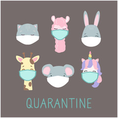 alpaca, koala, cat, bunny, giraffe, unicorn in the period of quarantine COVID 19 in medical masks. Masked animals during coronavirus, vector illustration