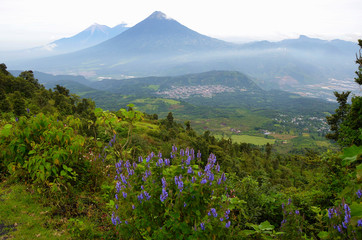 Panorama na krainę wulkanów w Gwatemali. Widok z wulkanu Pacaya na wulkany Acatenango i Fuego.