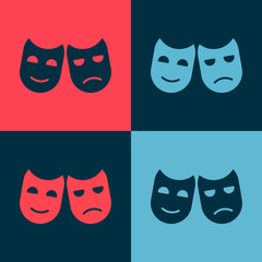 Pop art Comedy and tragedy theatrical masks icon isolated on color background. Vector Illustration