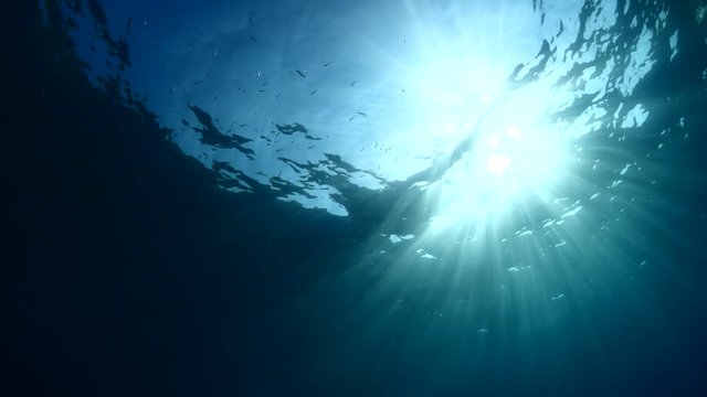 sun ray and sun beam scenery underwater waves on surface of water slow