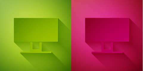 Paper cut Smart Tv icon isolated on green and pink background. Television sign. Paper art style. Vector Illustration