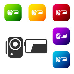 Black Cinema camera icon isolated on white background. Video camera. Movie sign. Film projector. Set icons in color square buttons. Vector Illustration