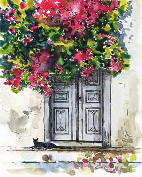 The picturesque countryside has a summer courtyard, an old door and a cat. Watercolor illustration.