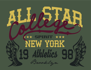 College All star print and embroidery graphic design vector art