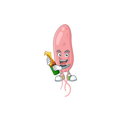 Mascot cartoon design of vibrio cholerae making toast with a bottle of beer