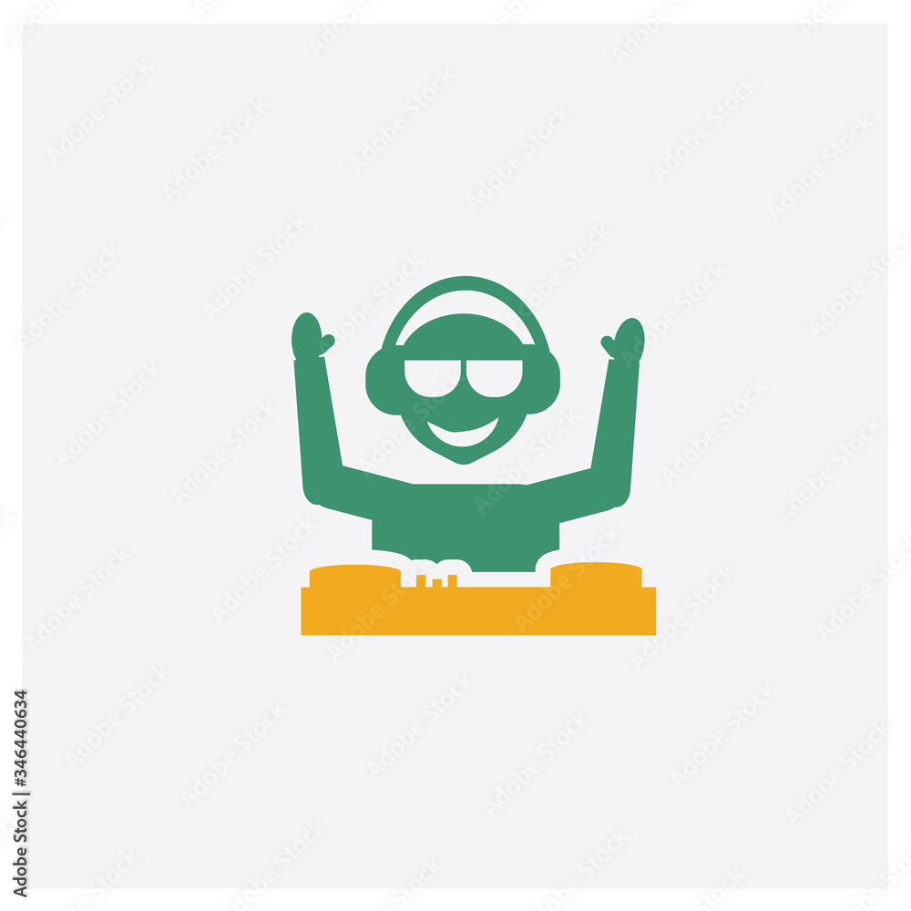 Poster DJ concept 2 colored icon. Isolated orange and green DJ vector symbol design. Can be used for web and mobile UI/UX