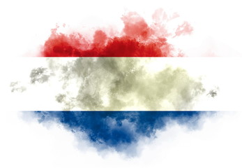 Netherlands flag performed from color smoke on the white background. Abstract symbol.