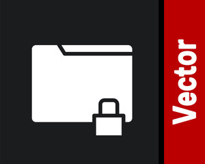 White Folder and lock icon isolated on black background. Closed folder and padlock. Security, safety, protection concept. Vector Illustration