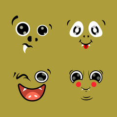 isolated vector image of cartoons, different types of emotions: cunning, delight, amazement, happy face. Cute emoticons, images for a character, monster, or creature concept. 